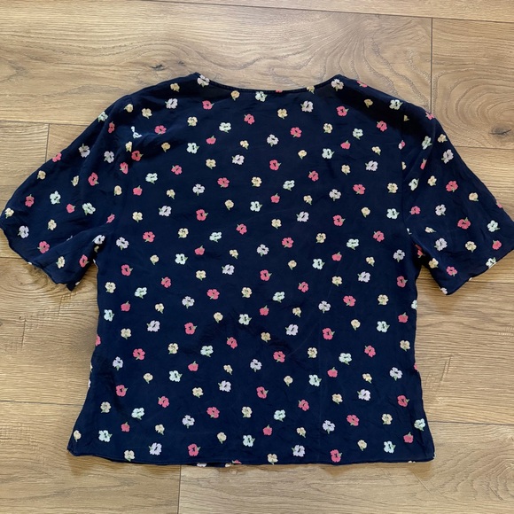 Madewell 100% Silk Floral Blouse Women’s 12 Navy V-Neck Ruched Short Sleeve - Picture 4 of 8